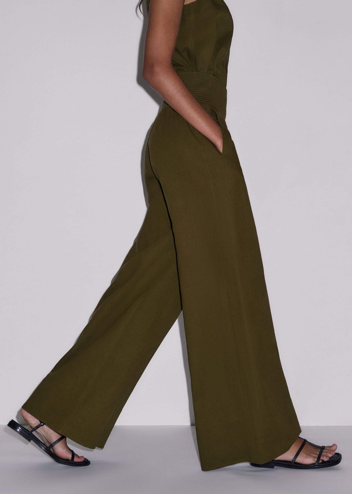 ME+EM Olive Green Shirred Wide Pant