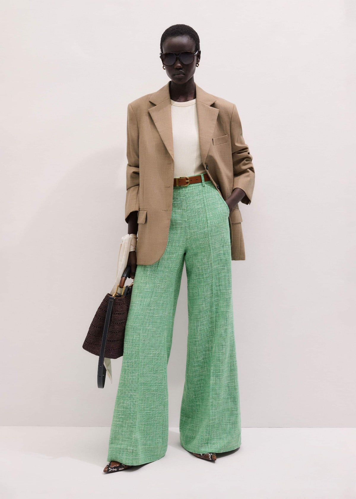 ME+EM Green Textured Wide-Leg Pant
