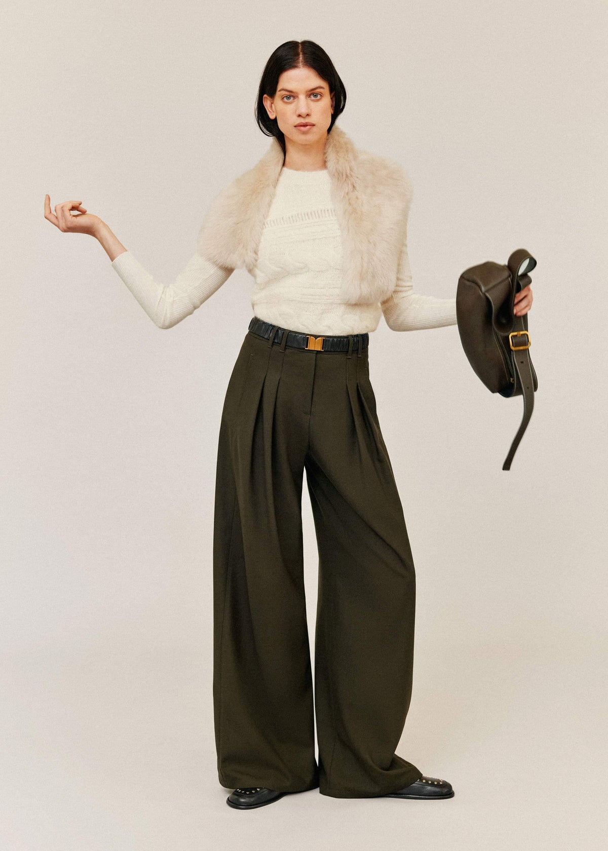 ME+EM Olive Green Wide-Leg Double Pleat Pant