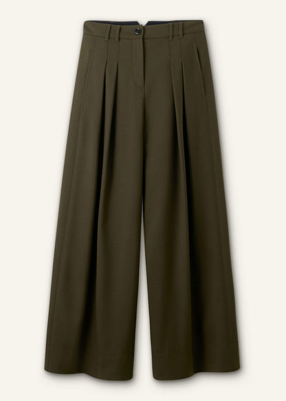 ME+EM Olive Green Wide-Leg Double Pleat Pant