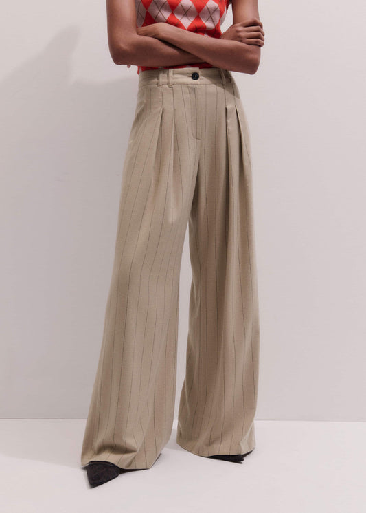 ME+EM Brown Wide-Leg Double Pleat Pinstripe Pant