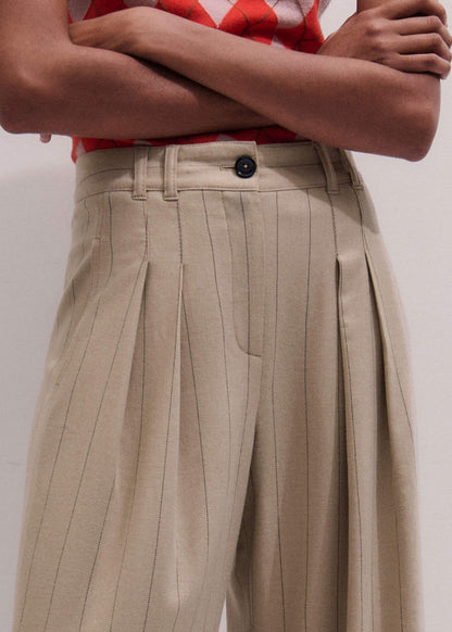 ME+EM Brown Wide-Leg Double Pleat Pinstripe Pant