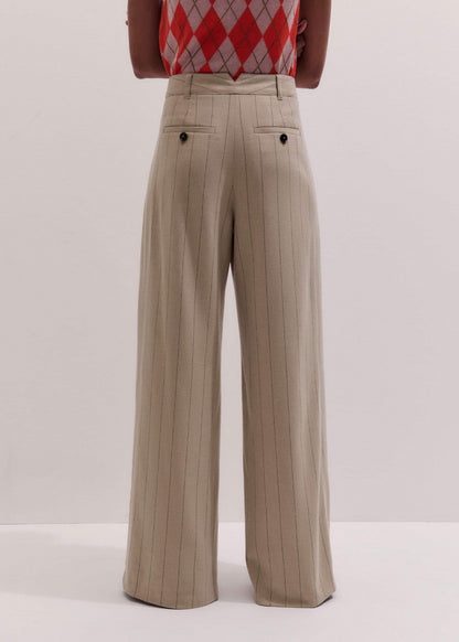 ME+EM Brown Wide-Leg Double Pleat Pinstripe Pant