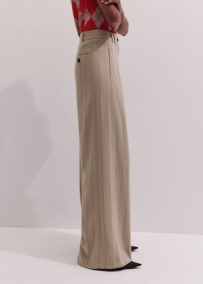 ME+EM Brown Wide-Leg Double Pleat Pinstripe Pant