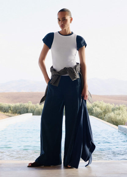 ME+EM Navy Cheesecloth Wide-Leg Pant