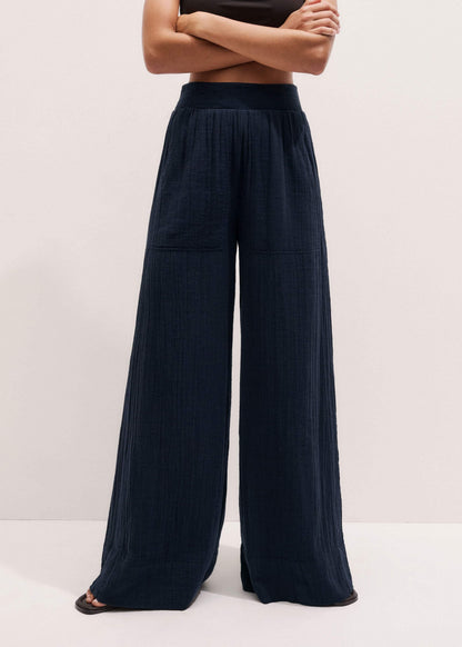 ME+EM Navy Cheesecloth Wide-Leg Pant