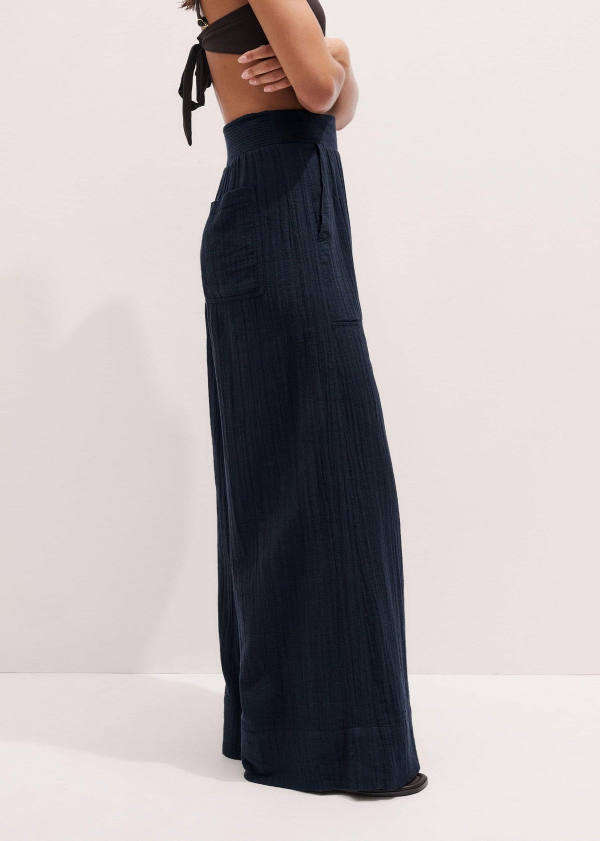 ME+EM Navy Cheesecloth Wide-Leg Pant