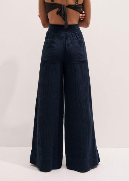 ME+EM Navy Cheesecloth Wide-Leg Pant