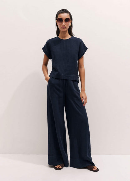 ME+EM Navy Cheesecloth Wide-Leg Pant