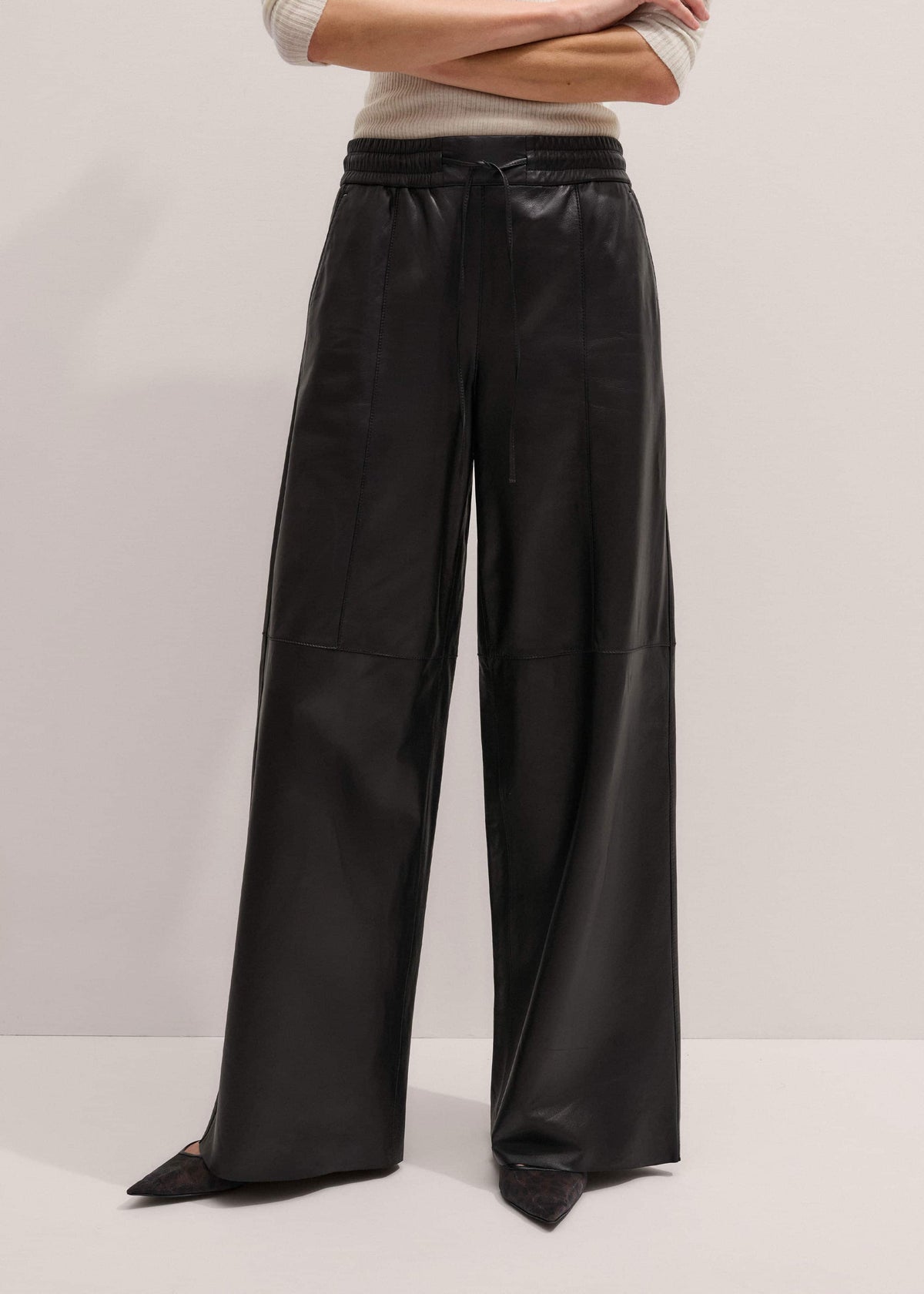 ME+EM Warm Black Leather Wide-Leg Track Pant