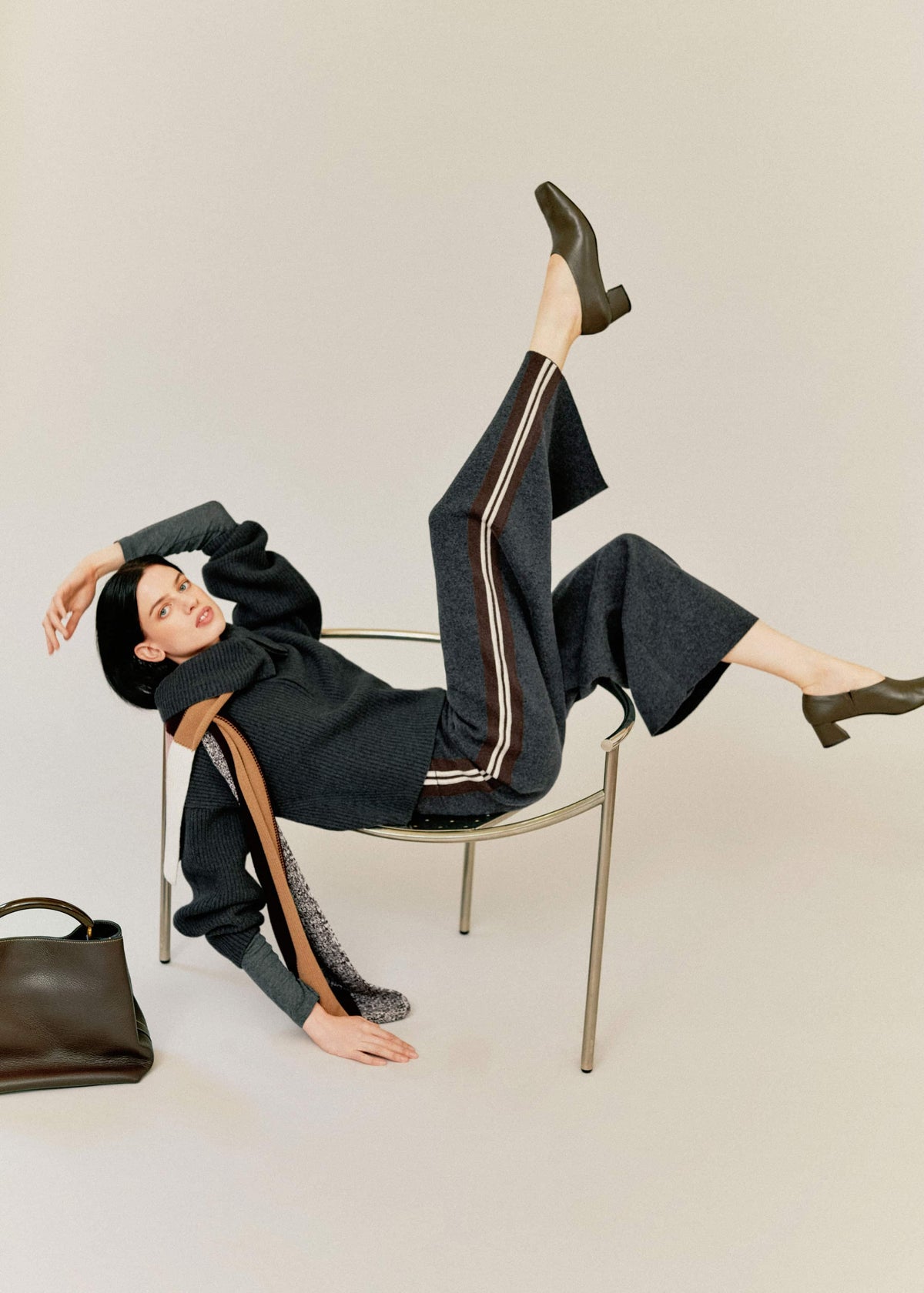ME+EM Gray Side Stripe Milano Knit Wide Leg Pant