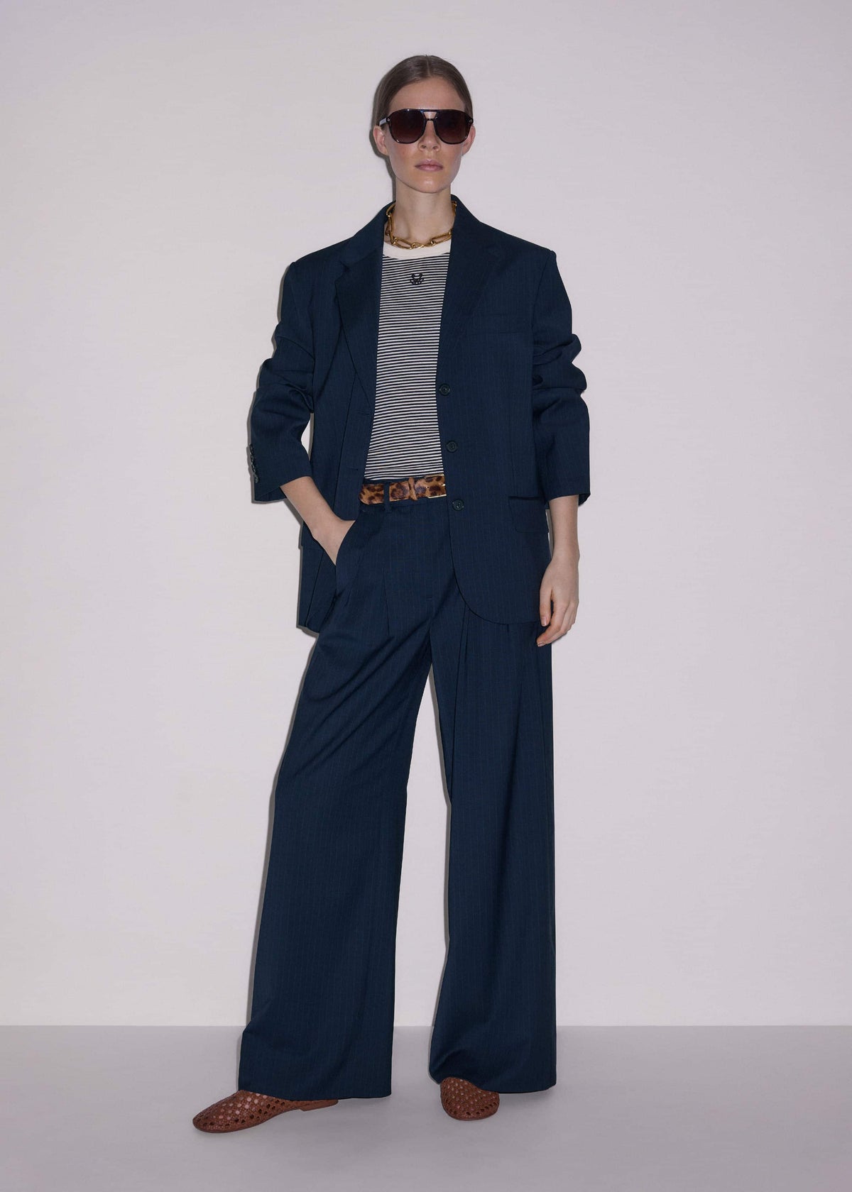 ME+EM Navy Pinstripe Pleat Front Man Pant