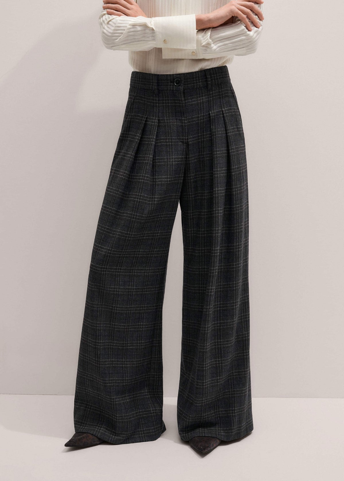 ME+EM Gray Wool Wide-Leg Double Pleat Trouser