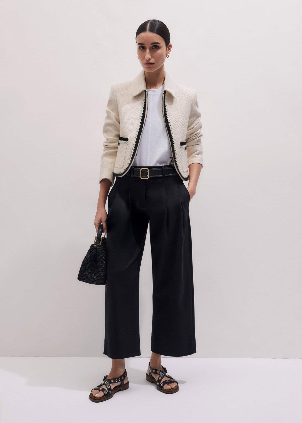 ME+EM Black Straight Crop Pleat Front Pant