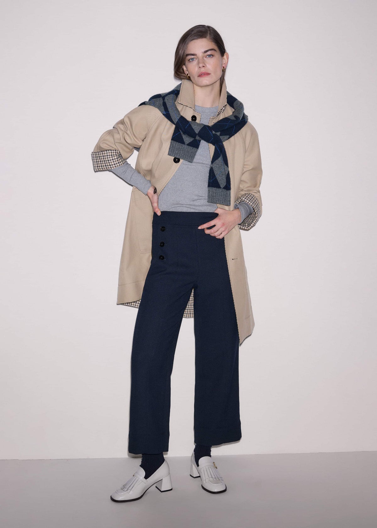 ME+EM Navy Button Front Straight Crop Pant