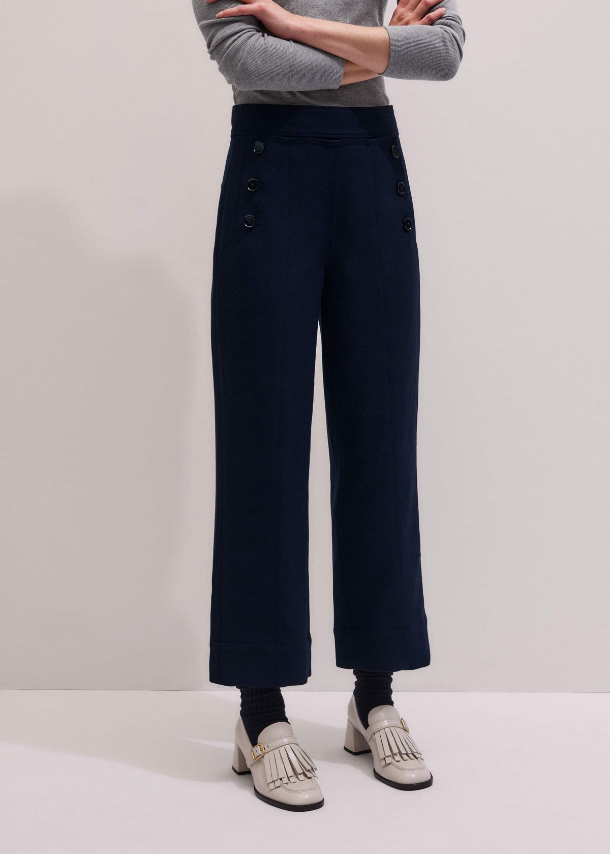 ME+EM Navy Button Front Straight Crop Pant