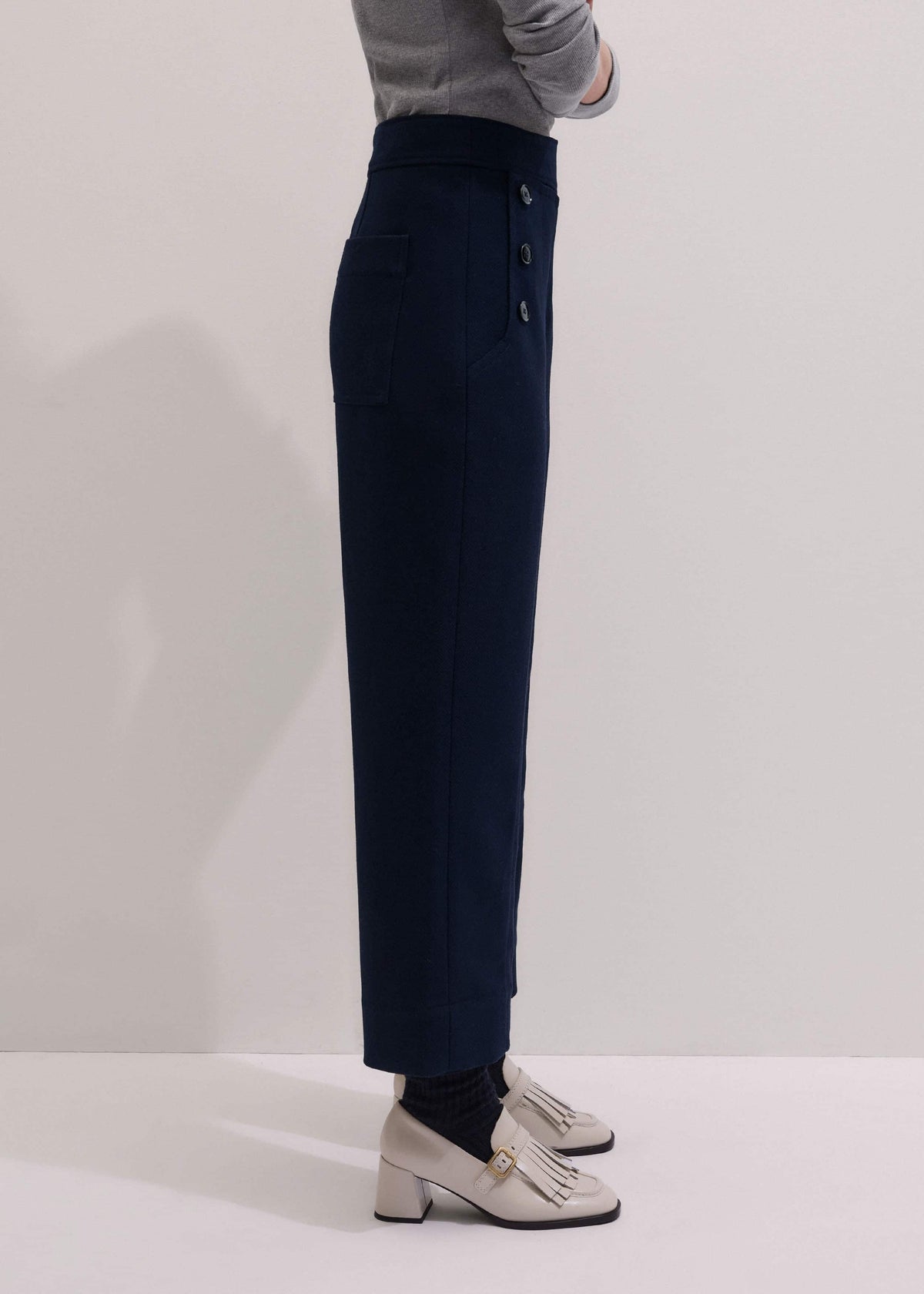 ME+EM Navy Button Front Straight Crop Pant