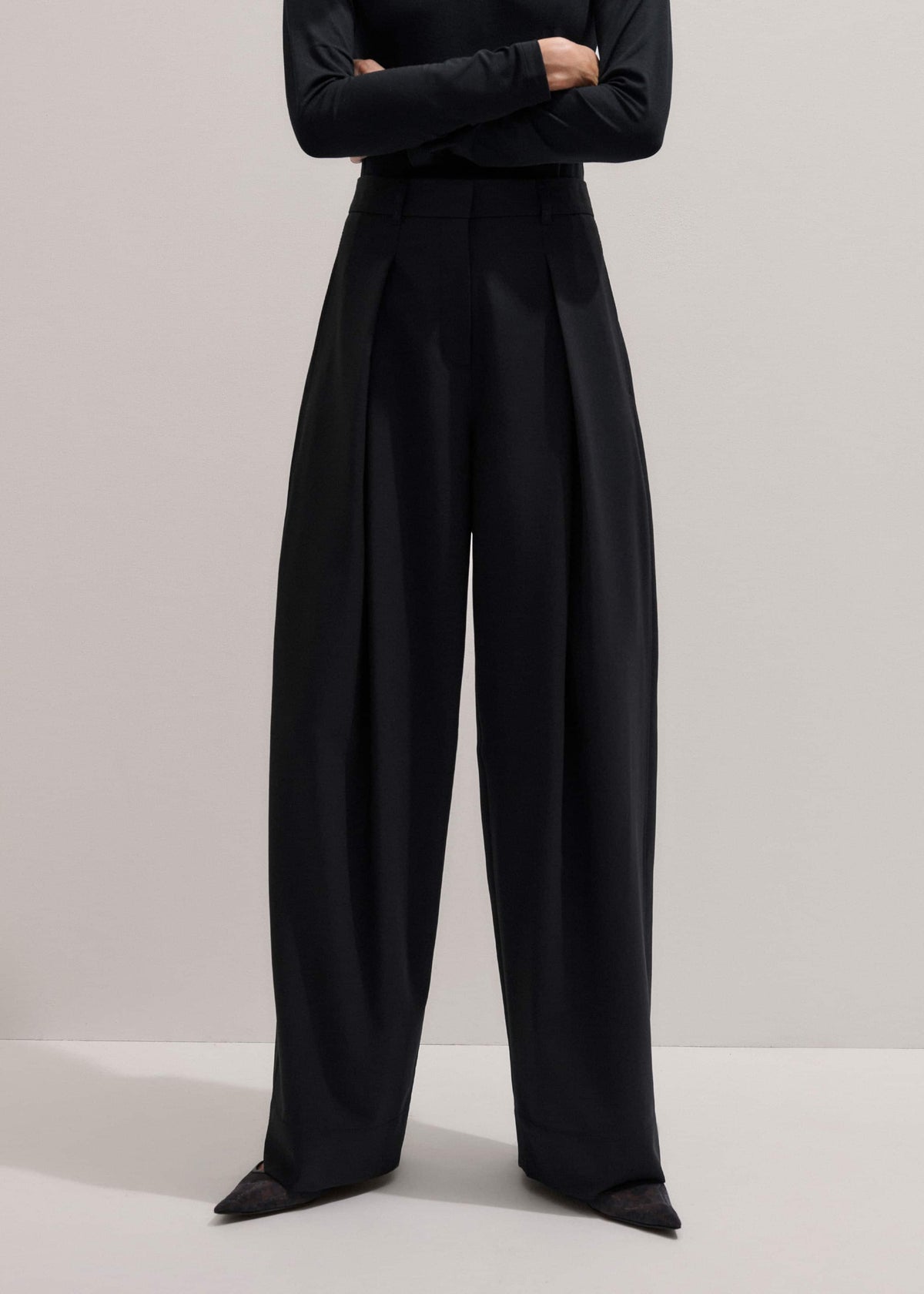 ME+EM Black Wool Exaggerated Tapered Pleat Pant