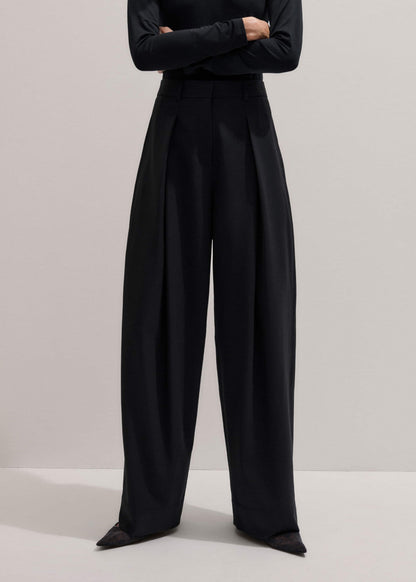 ME+EM Black Wool Exaggerated Tapered Pleat Pant