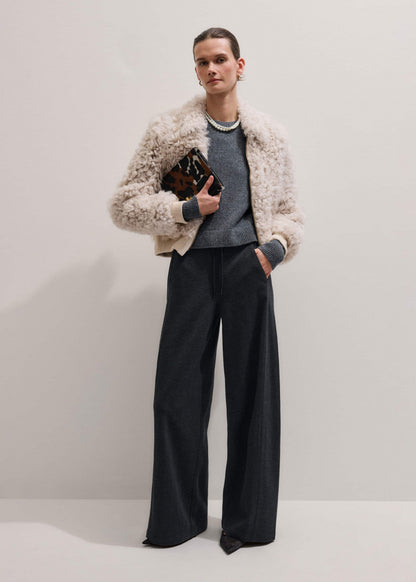 ME+EM Gray Herringbone Barrel-Leg Pant
