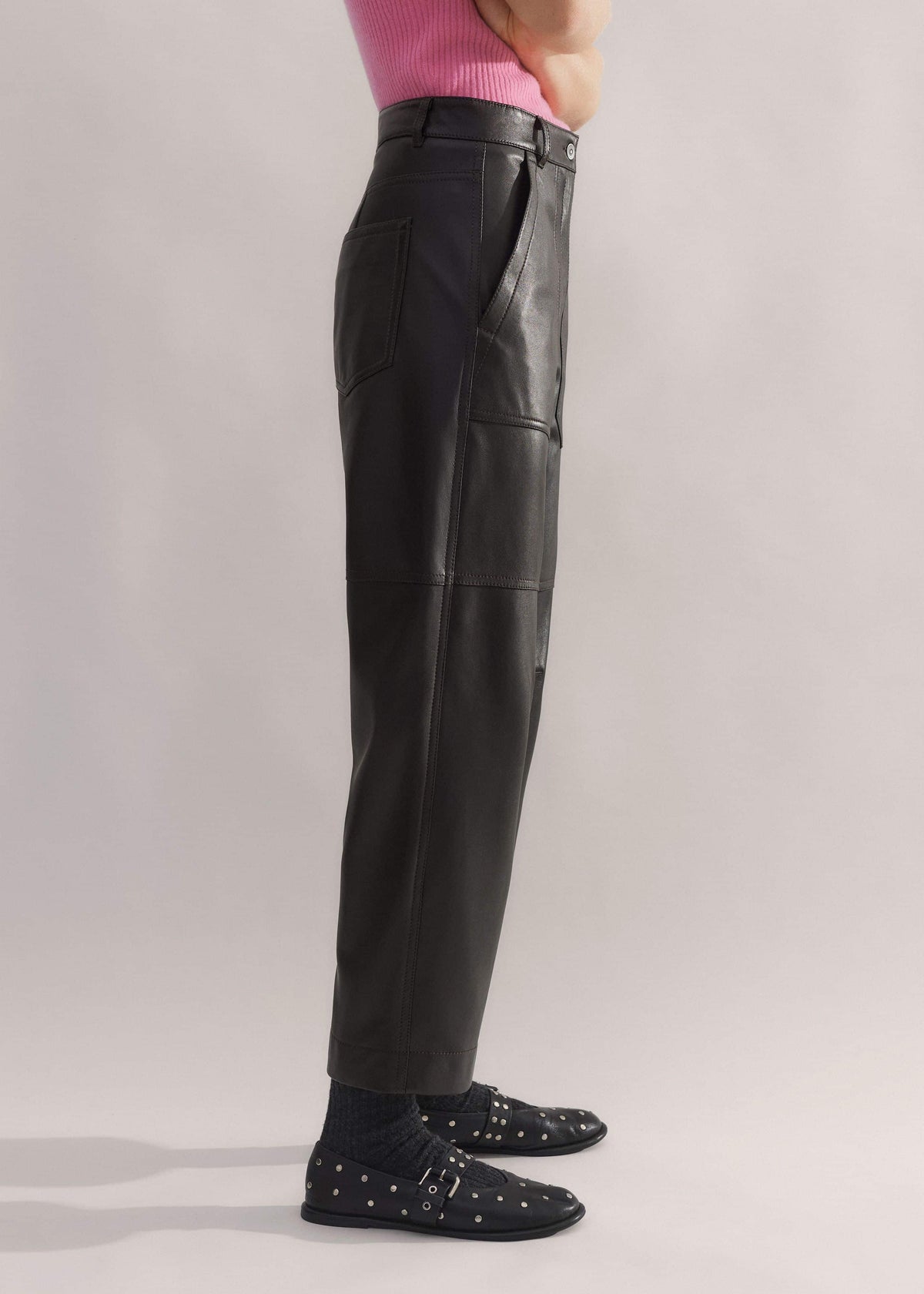 ME+EM Black Washed Leather Engineered-Leg Pant
