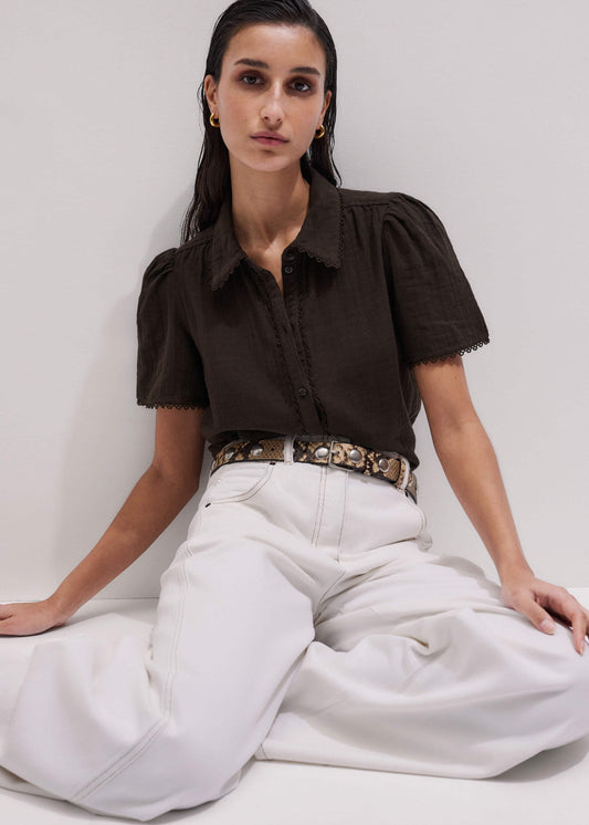 ME+EM Brown Cheesecloth Trim Detail Blouse
