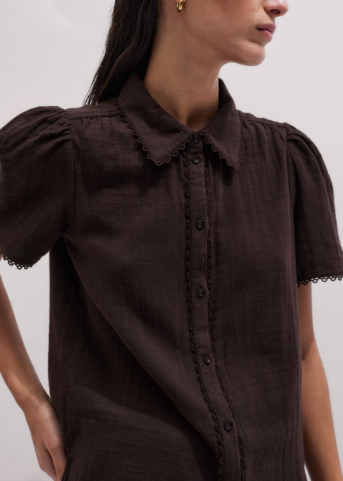 ME+EM Brown Cheesecloth Trim Detail Blouse