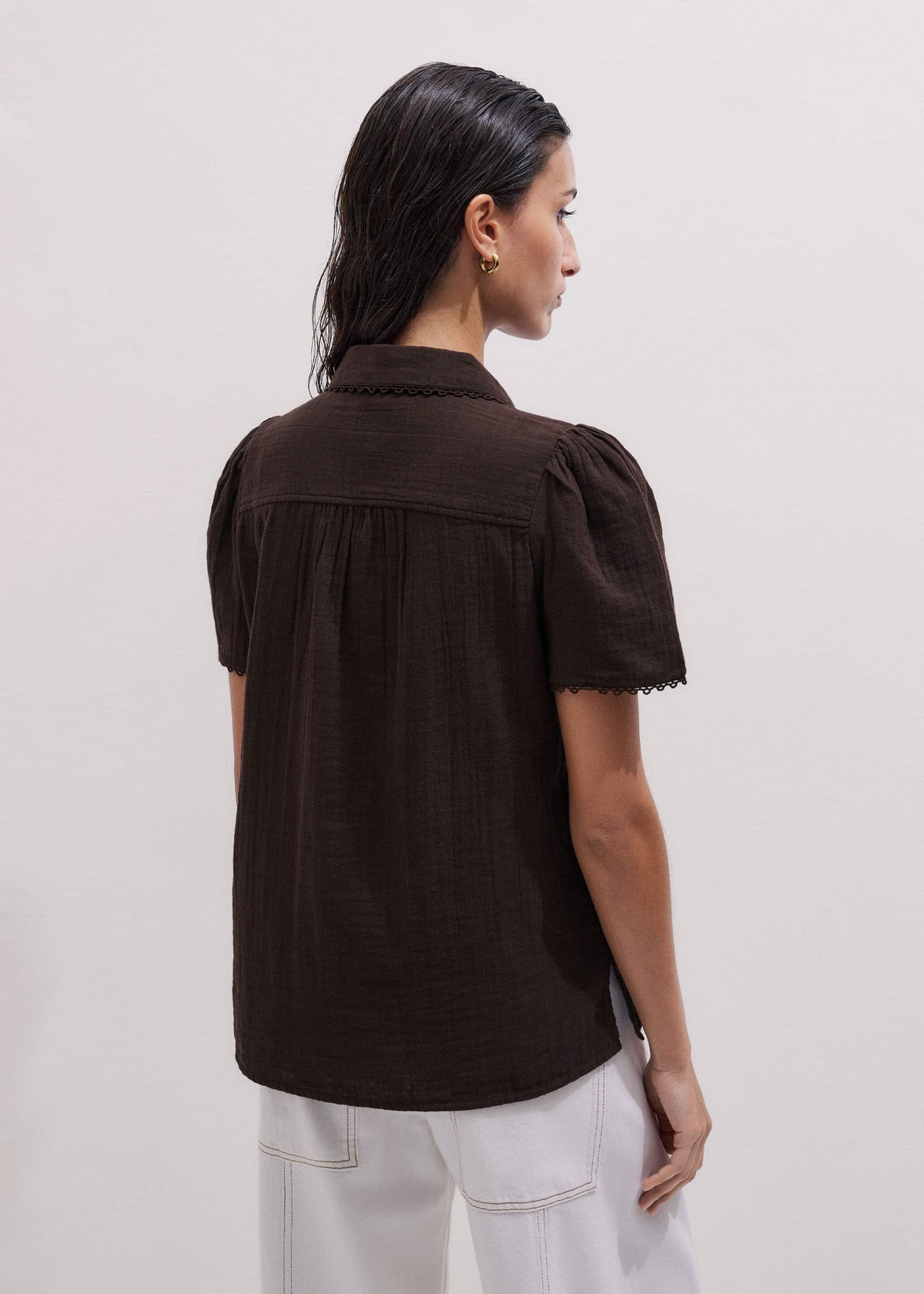 ME+EM Brown Cheesecloth Trim Detail Blouse