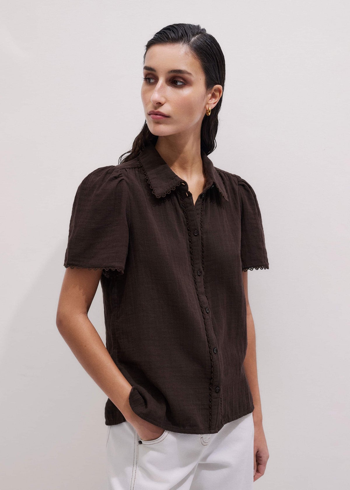 ME+EM Brown Cheesecloth Trim Detail Blouse