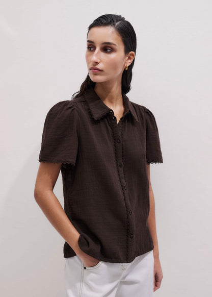 ME+EM Brown Cheesecloth Trim Detail Blouse
