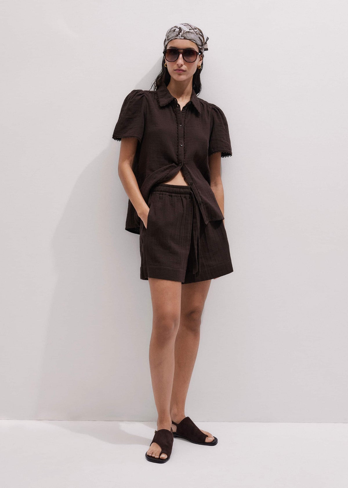 ME+EM Brown Cheesecloth Trim Detail Blouse