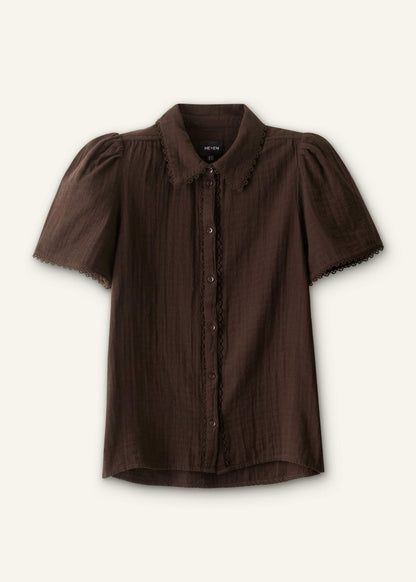 ME+EM Brown Cheesecloth Trim Detail Blouse