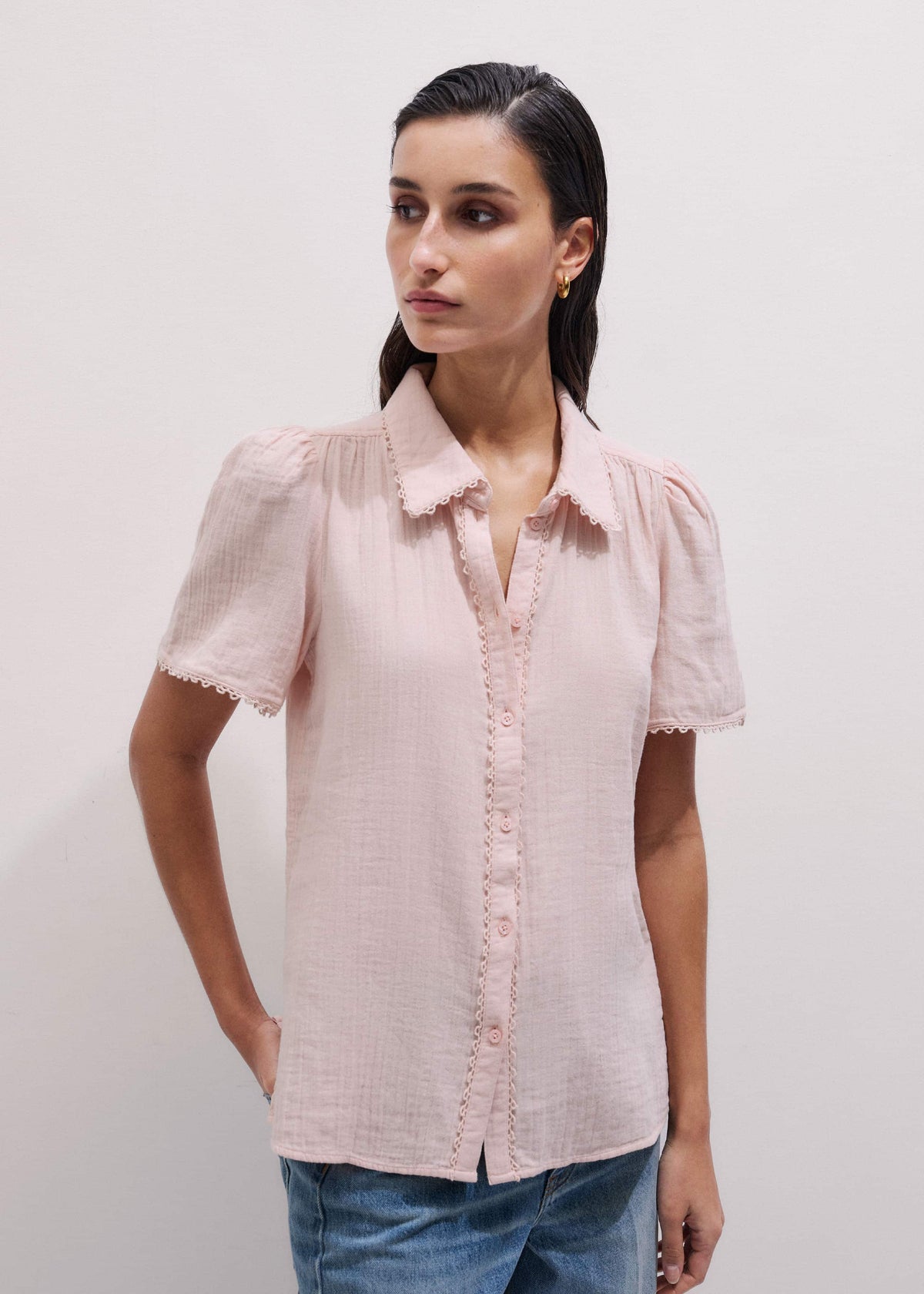 ME+EM Pink Cheesecloth Trim Detail Blouse