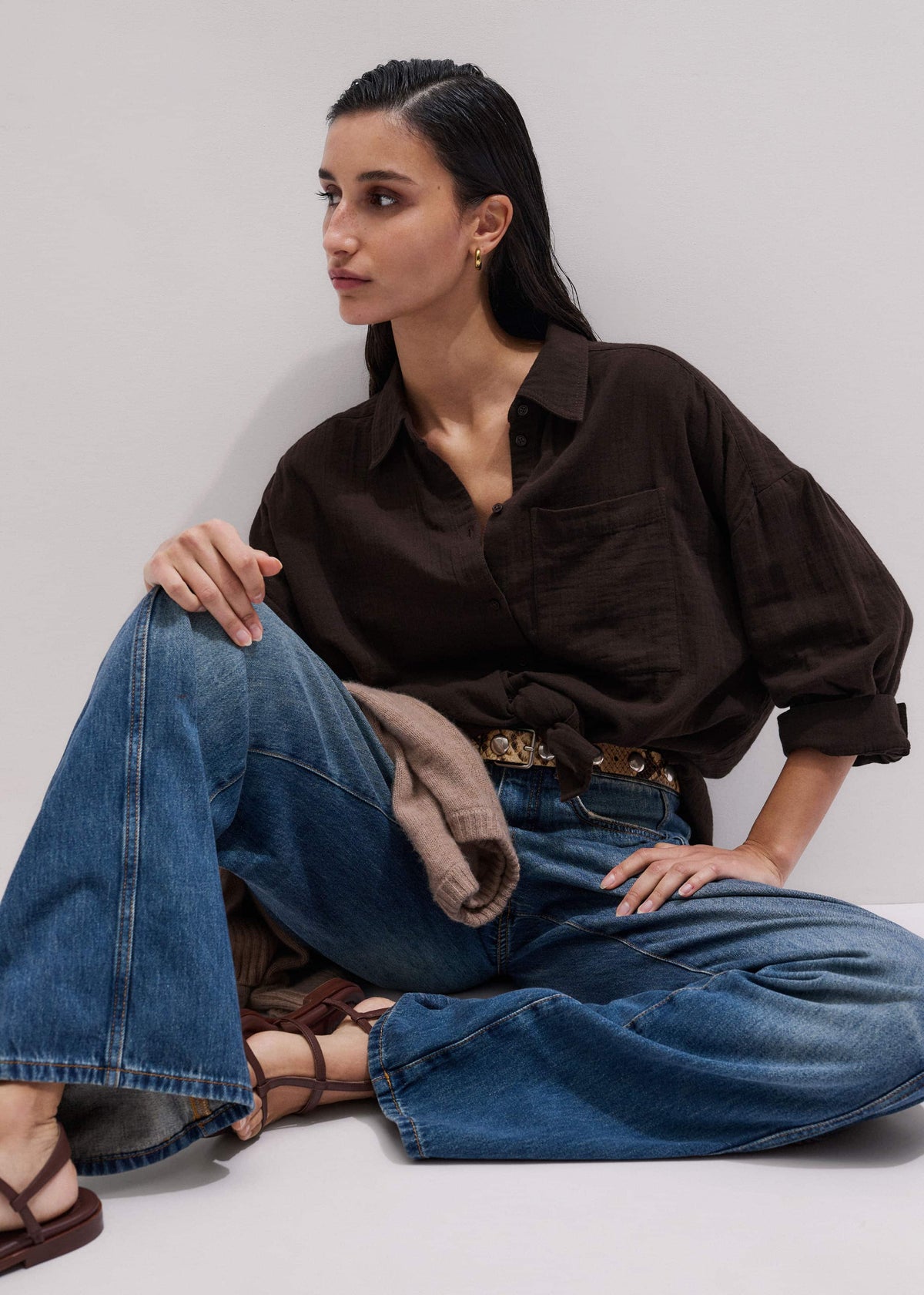 ME+EM Brown Cheesecloth Relaxed Summer Shirt