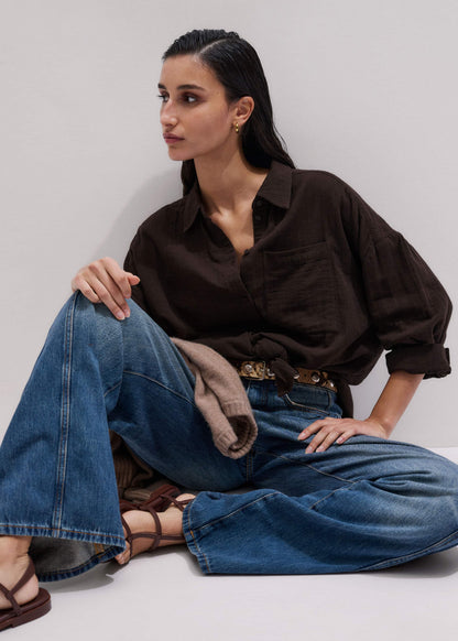 ME+EM Brown Cheesecloth Relaxed Summer Shirt