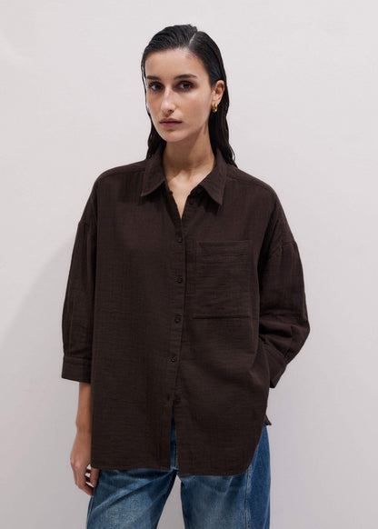 ME+EM Brown Cheesecloth Relaxed Summer Shirt