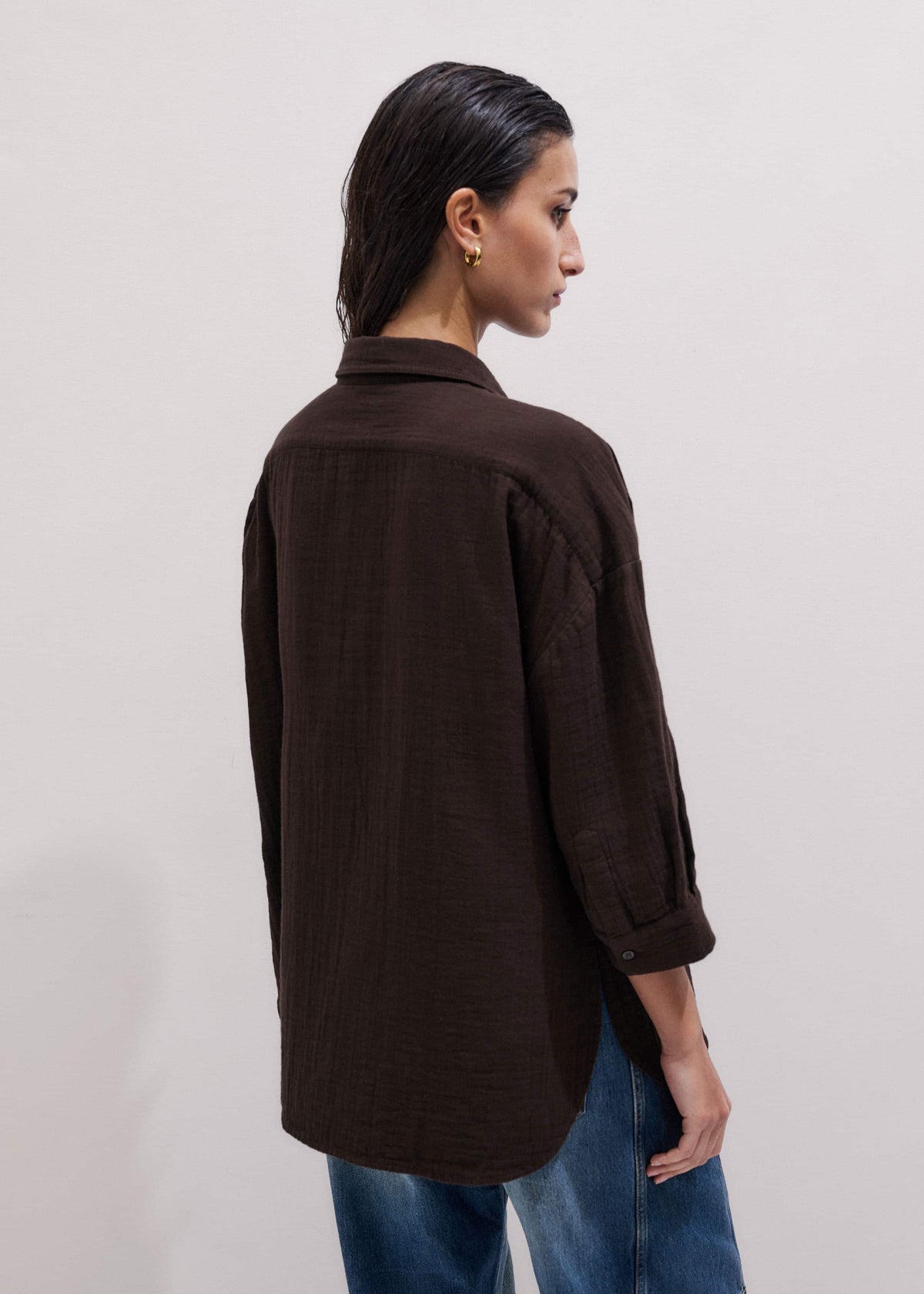 ME+EM Brown Cheesecloth Relaxed Summer Shirt