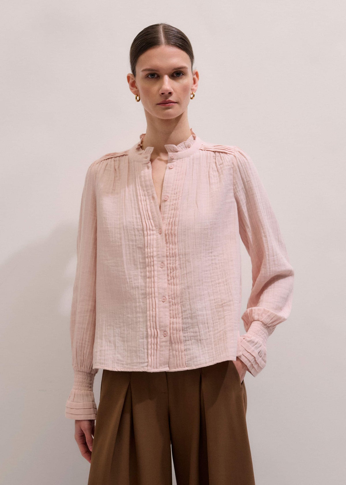 ME+EM Pink Pleat Detail Long Sleeve Cheesecloth Blouse