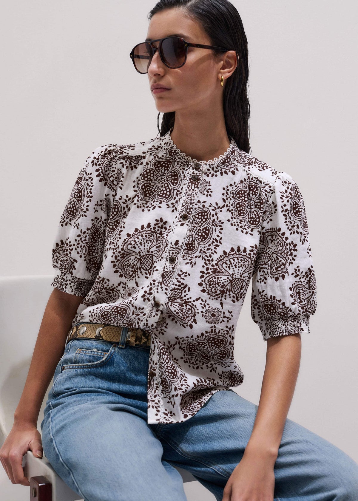 ME+EM White Cheesecloth In-Full-Bloom Print Straight Blouse