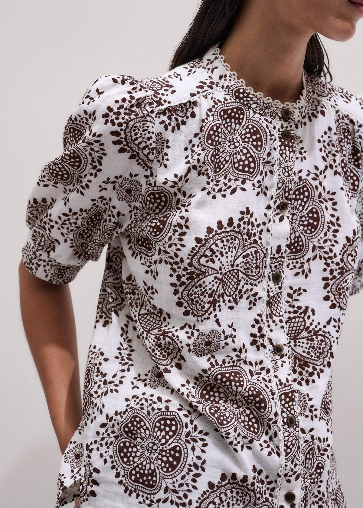 ME+EM White Cheesecloth In-Full-Bloom Print Straight Blouse