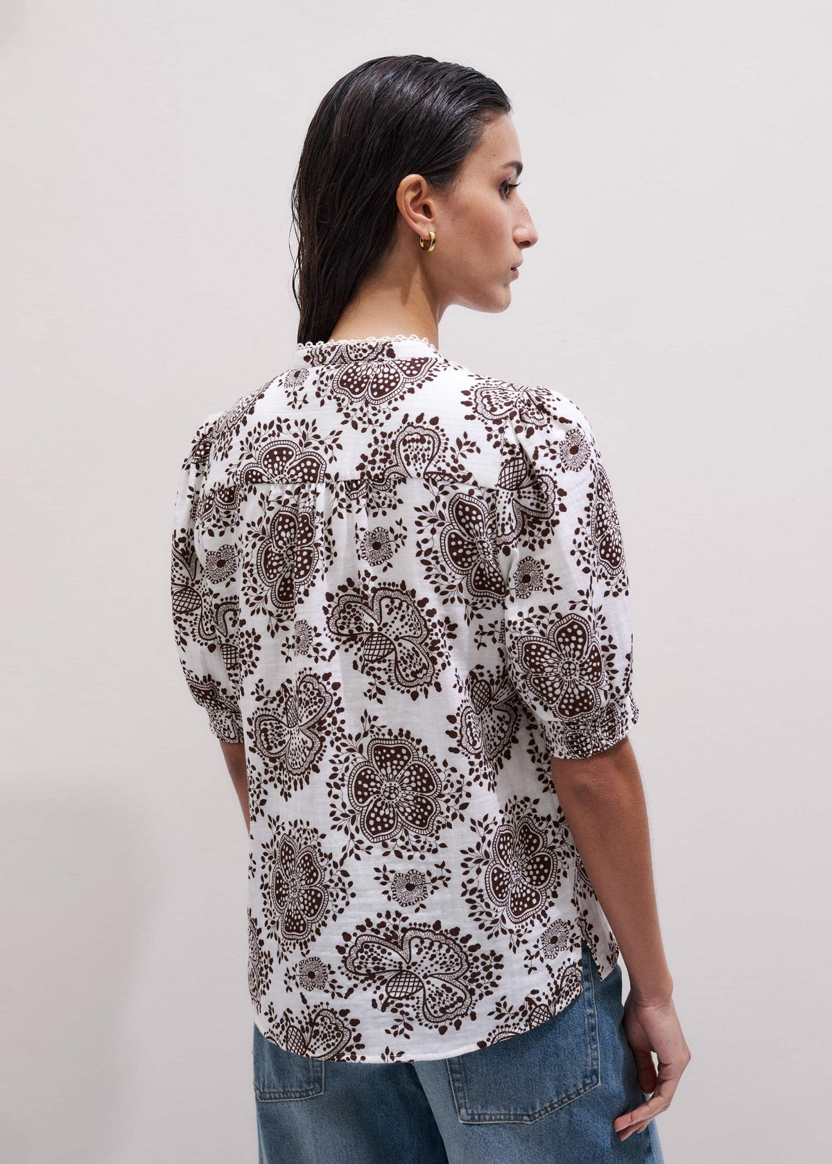ME+EM White Cheesecloth In-Full-Bloom Print Straight Blouse