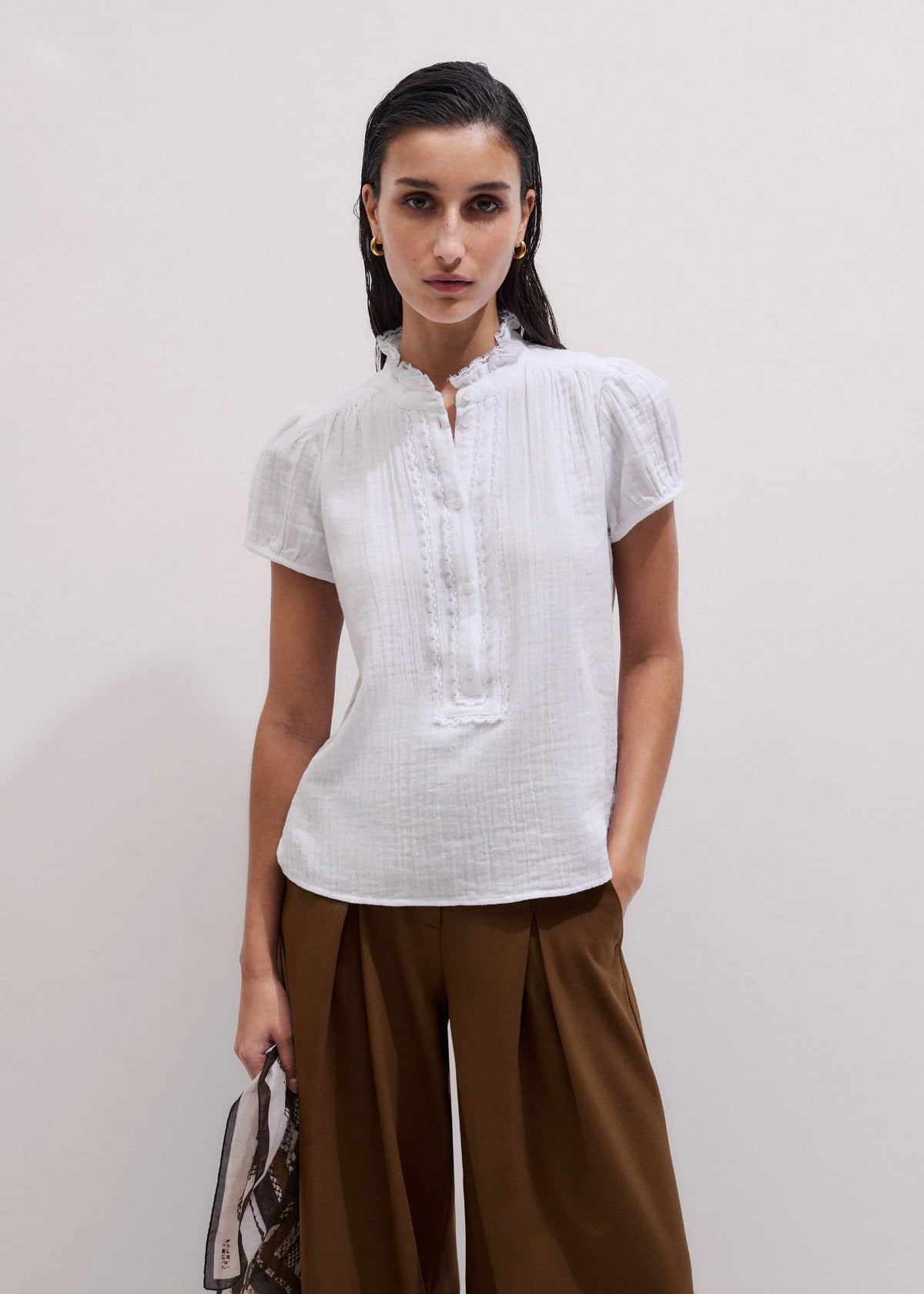 ME+EM White Straight Cheesecloth Cap-Sleeve Blouse