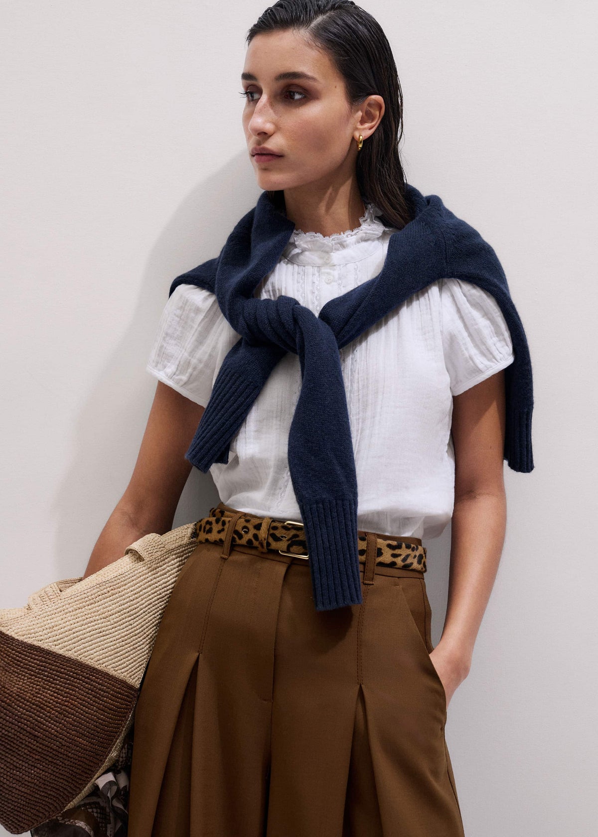 ME+EM White Straight Cheesecloth Cap-Sleeve Blouse