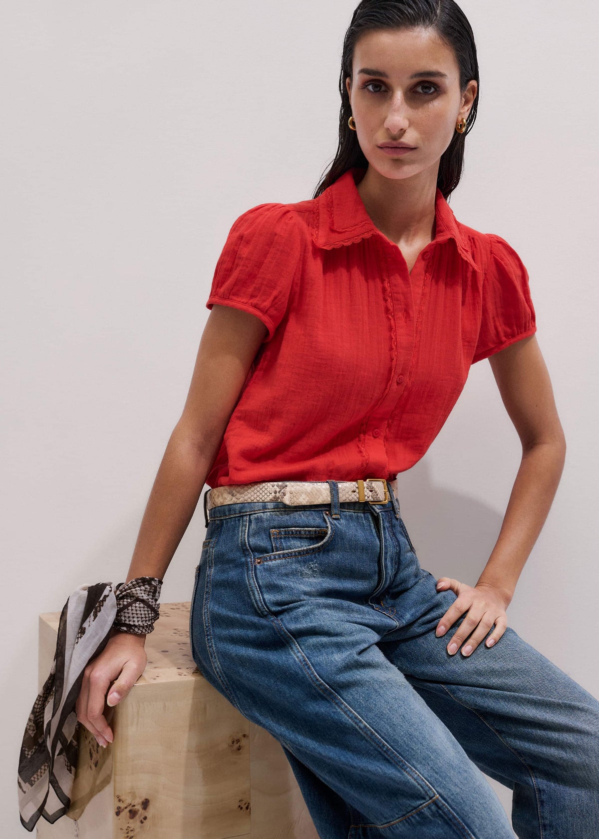 ME+EM Red Cheesecloth Cap-Sleeve Blouse