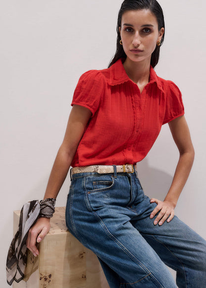ME+EM Red Cheesecloth Cap-Sleeve Blouse