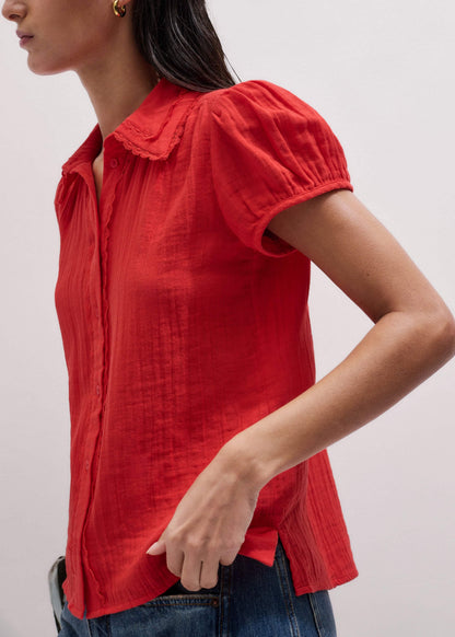 ME+EM Red Cheesecloth Cap-Sleeve Blouse