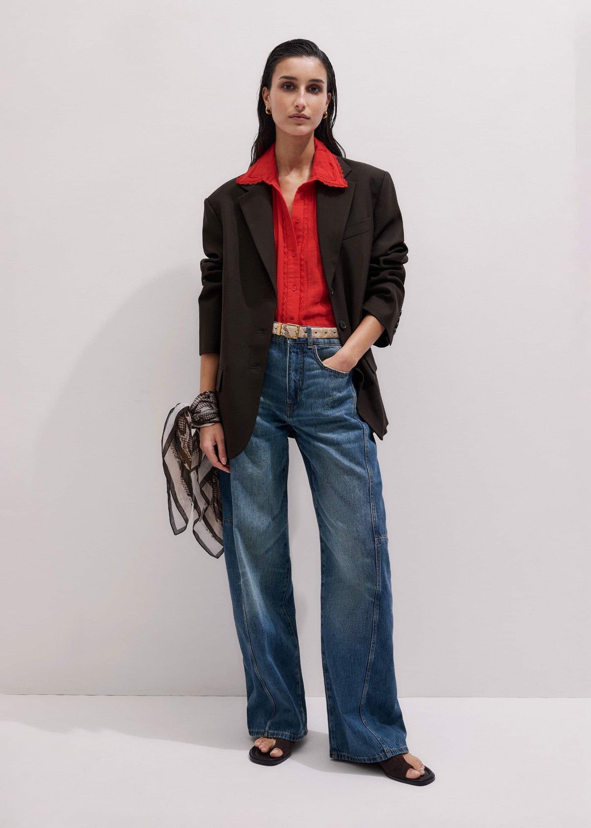 ME+EM Red Cheesecloth Cap-Sleeve Blouse