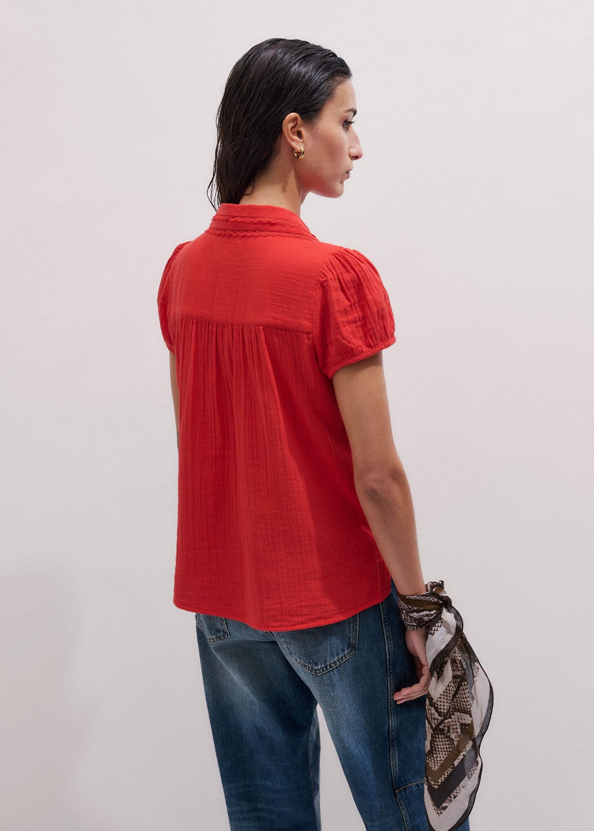 ME+EM Red Cheesecloth Cap-Sleeve Blouse