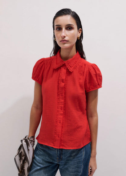 ME+EM Red Cheesecloth Cap-Sleeve Blouse