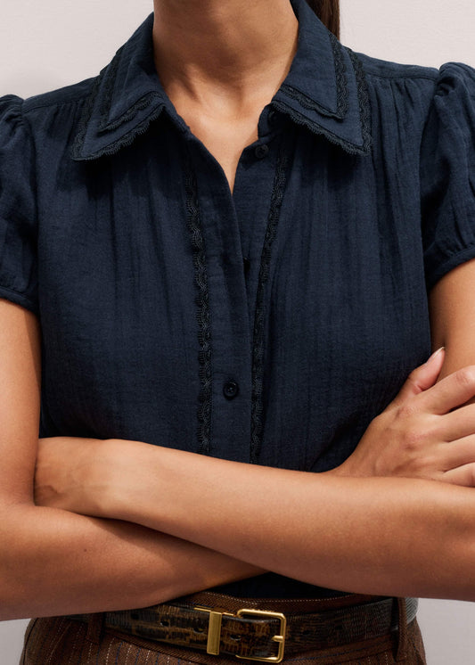 ME+EM Navy Cheesecloth Cap-Sleeve Blouse